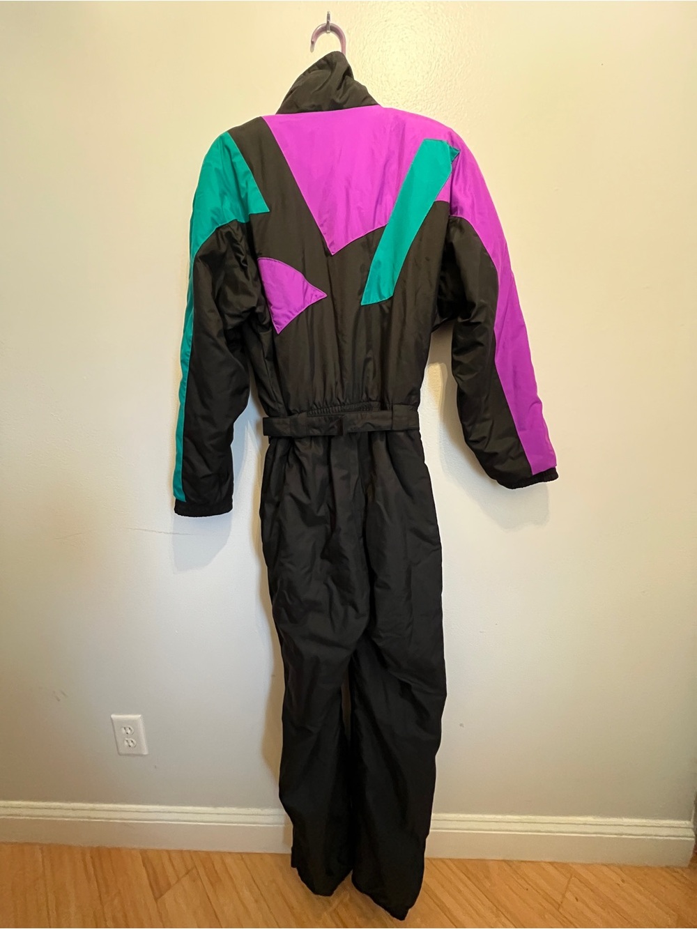 Vintage 80s 90s Black Ski Jumpsuit with Teal & Purple Colorblock White Fir 12 - Picture 6 of 9